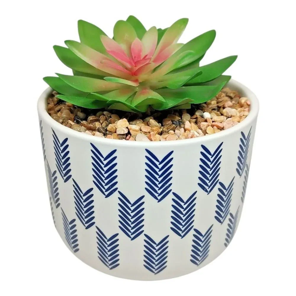 Modern Coastal Artificial Succulent Potted Houseplant Navy Blue White Chevron